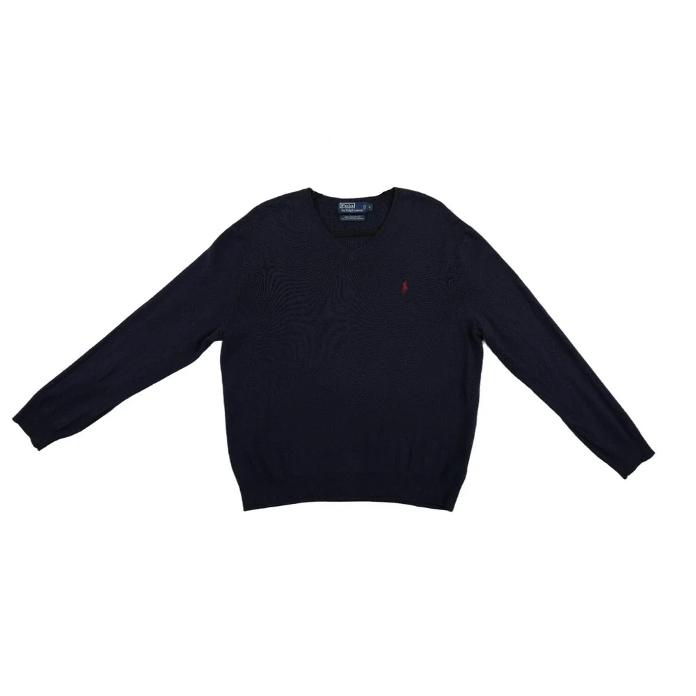 Polo Ralph Lauren 100% Pima Cotton Sweater Men's Size Large Navy Blue V‎ Neck